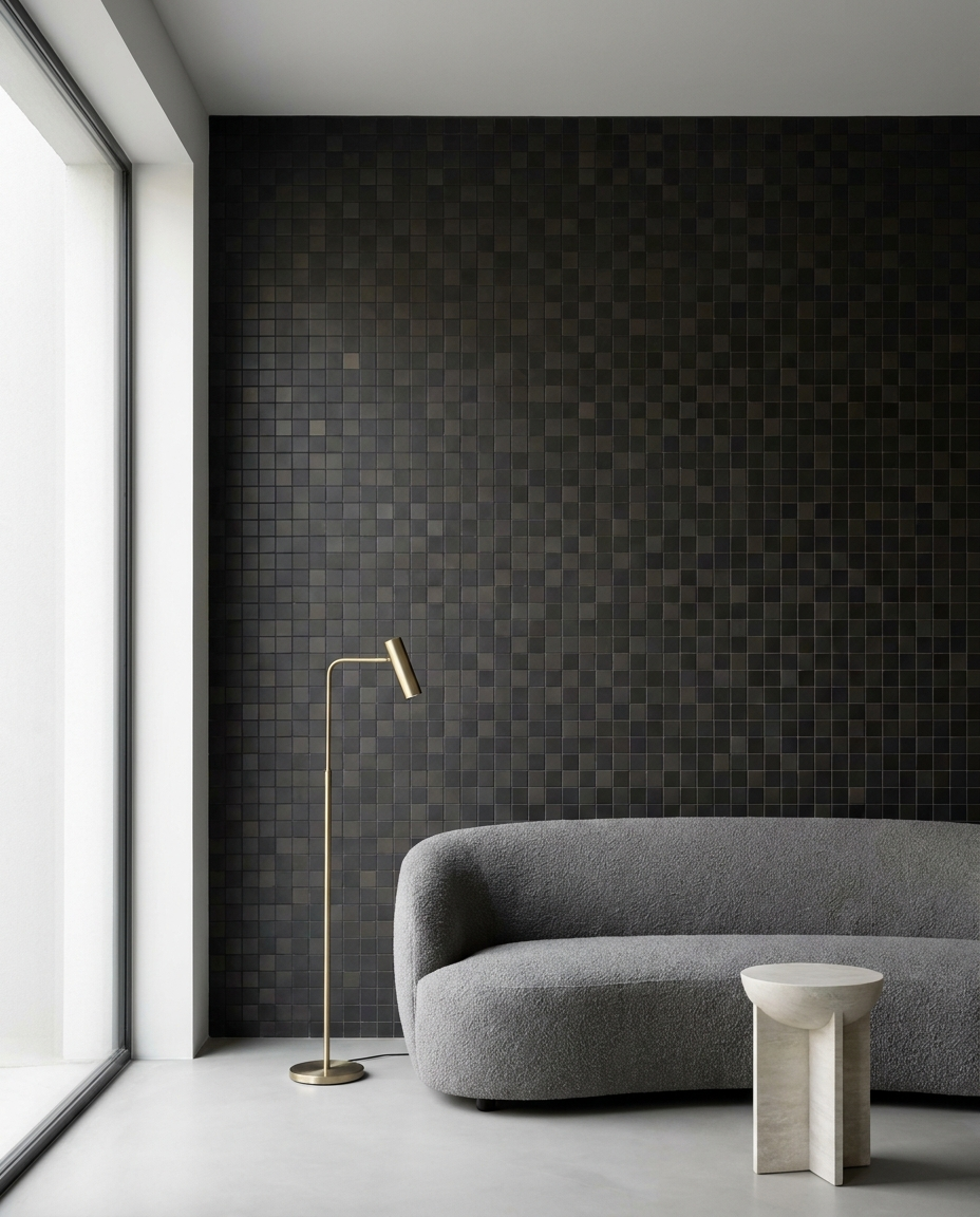Salotto elegante con parete a mosaico di porcellana antracite della Collezione Onice